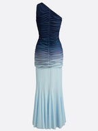 Blue Ruched Ombre Mesh One Shoulder Sleeveless Sheath Maxi Two-Piece Set Dress