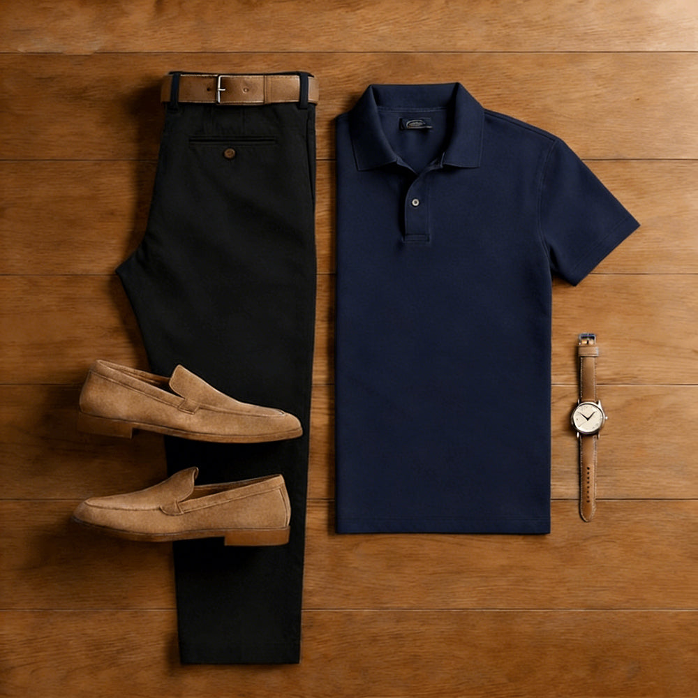 Men's Casual Navy Blue & White Solid Color Matching Short Sleeved Polo Shirt & Trousers Two-Piece Set