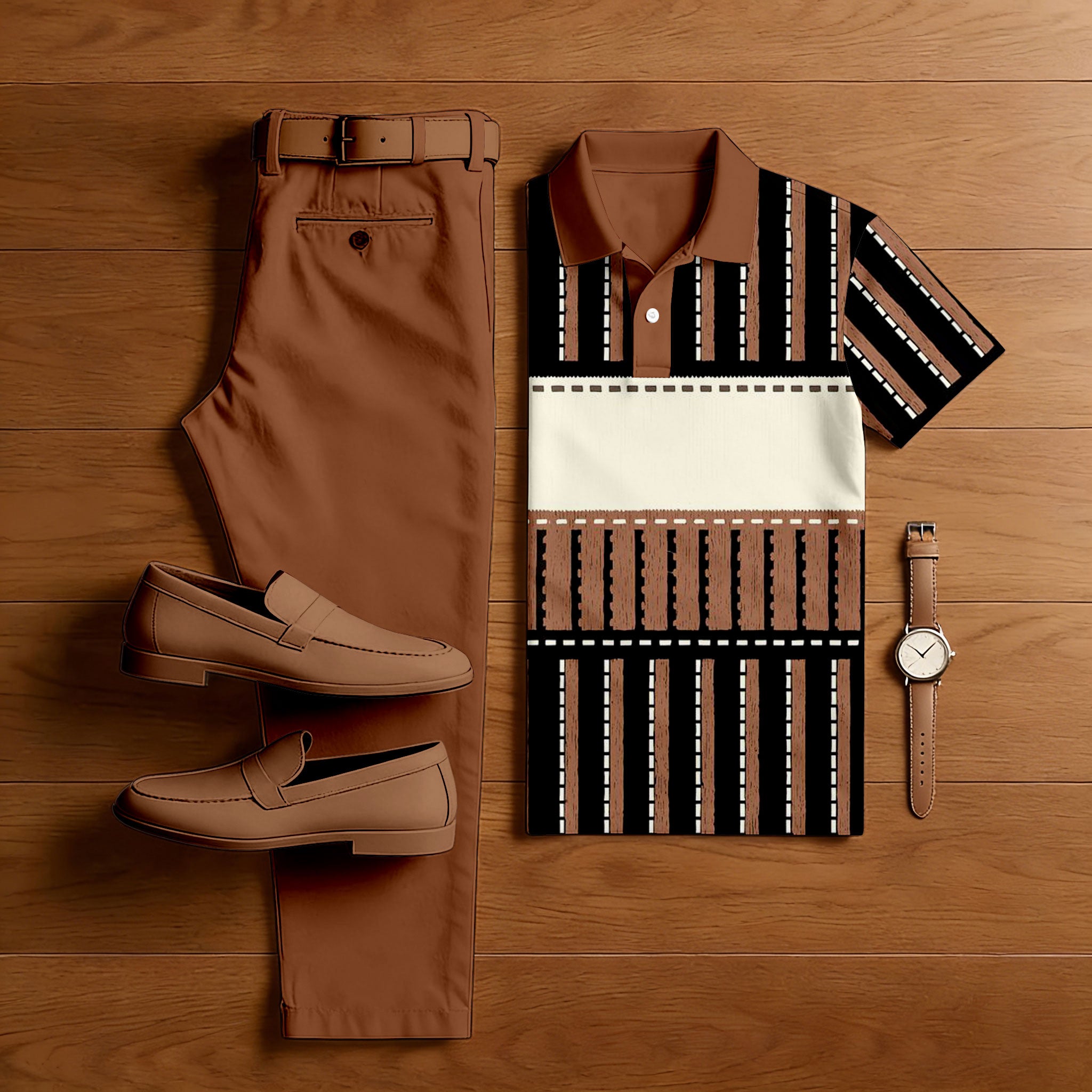 Men's Casual Brown & Black Color Matching Striped Printed Short Sleeved Polo Shirt & Trousers Two-Piece Set