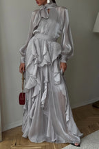 Silver Grey Tie Neck Ruffle Hem Chiffon Maxi Dress