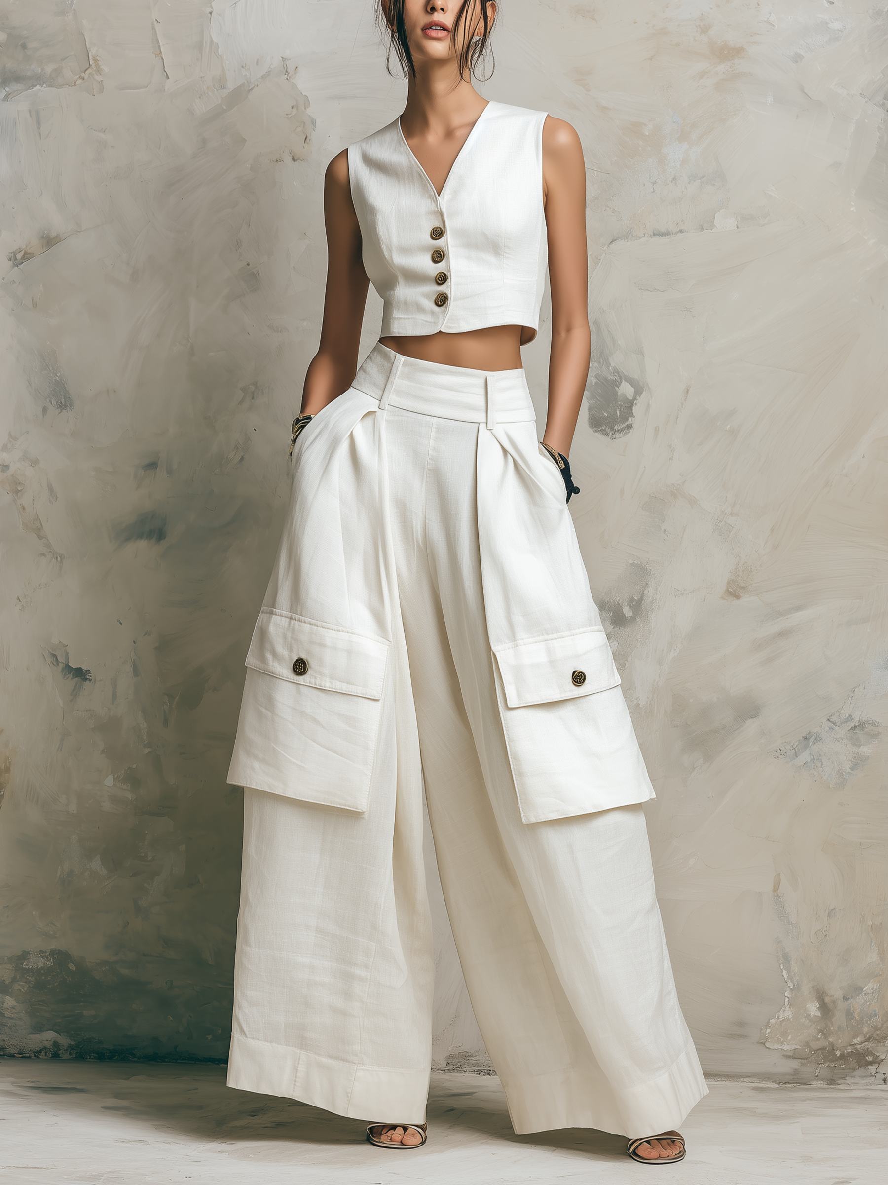 Linen-Blend Vest & Wide-Leg Cargo Pants Set | Tailored Two-Piece Outfit