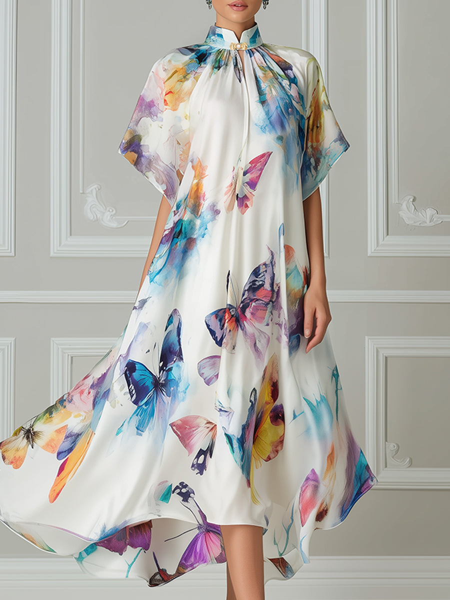 Prism Butterfly Mandarin Collar Midi Dress