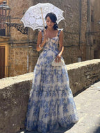 Organza Floral Print Tie Strap Maxi Dress