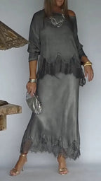 Grey Lace-Trimmed Dress Set