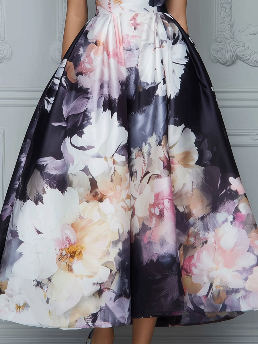 Floral Print Structured Cap Sleeve A-Line Midi Dress