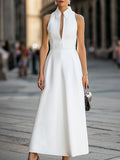 Tailored Sleeveless Collared Deep V A-Line Midi Dress