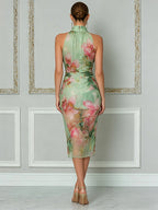 Romantic Mint Floral Halter Midi Dress