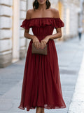 Off-Shoulder Ruffle Chiffon Midi Dress