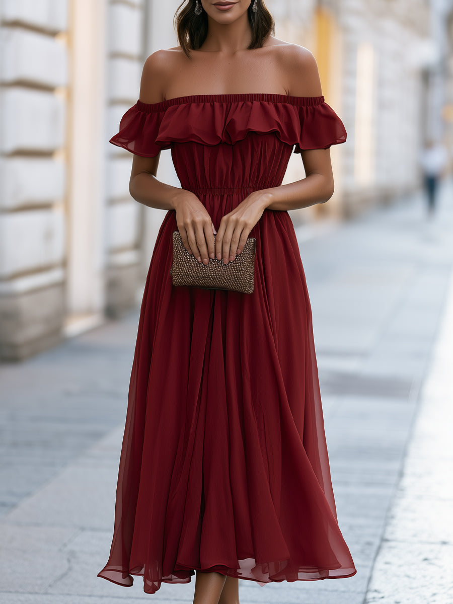 Off-Shoulder Ruffle Chiffon Midi Dress