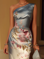 One-shoulder Satin Floral Print Midi Dress