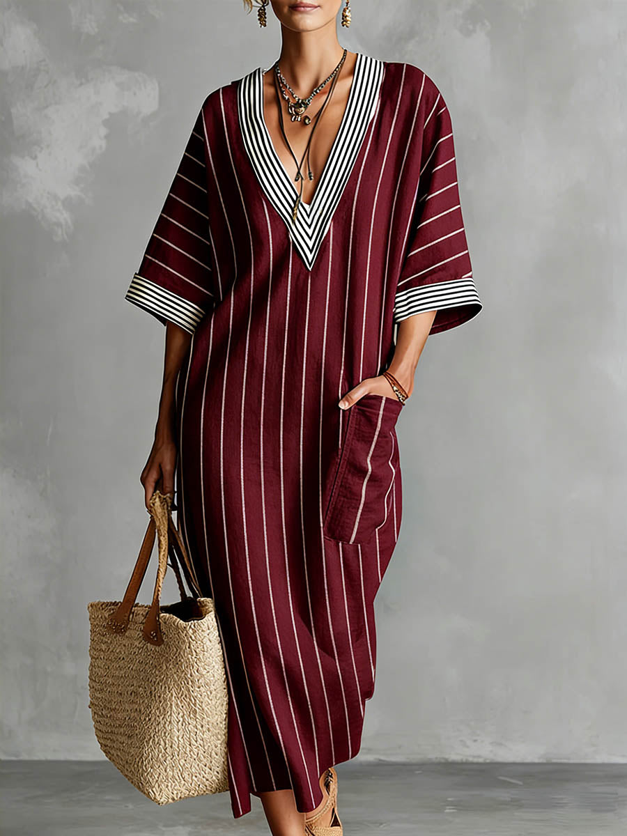 Women's Striped Printed V-neck 3/4 Sleeve Casual Loose Cotton Linen Dress