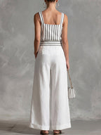 Women's Striped Print Square-neck Sleeveless Loose-fit Cotton-linen Top & High-waisted Wide-leg Pants Casual Set