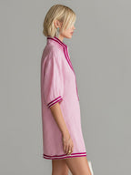 Pink Color-blocked Stand-up Collar Zipper Loose Mini Dress
