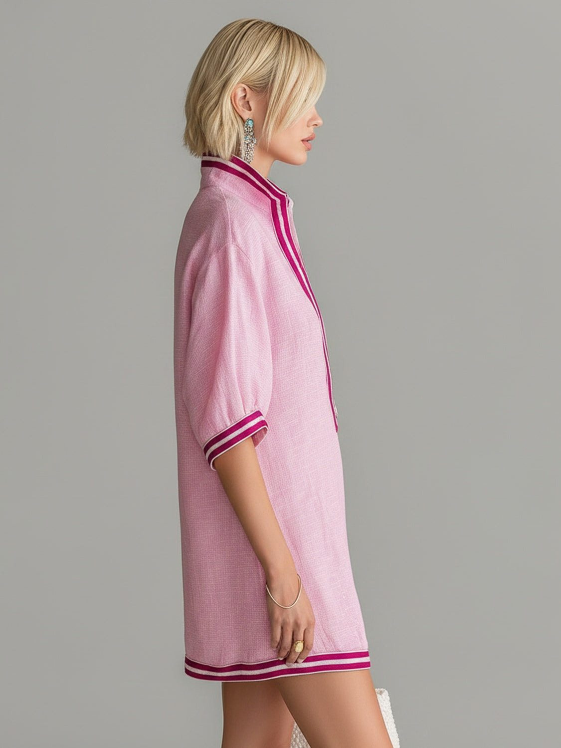 Pink Color-blocked Stand-up Collar Zipper Loose Mini Dress