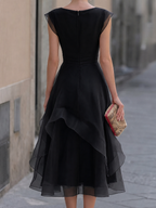 Layered Organza Cap Sleeve A-Line Midi Dress