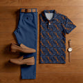 Men's Casual Navy Blue Color Matching Checkered Printed Short Sleeved Polo Shirt & Trousers Two-Piece Set
