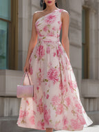 Pink Floral One-Shoulder Chiffon Midi Dress
