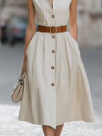Sleeveless Stand Collar Belted Midi Dress With Brown Buttons