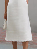 Tweed Sleeveless Frayed Edge Sheath Midi Dress