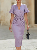 Elegant Satin V-Neck Twist Waist Ruffle Sleeve Bodycon Midi Dress