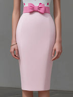 Polka Dot Bow Waist Tailored Midi Sheath Dress