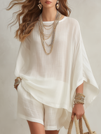 White Cotton-linen Batwing Sleeve Top And Shorts Set