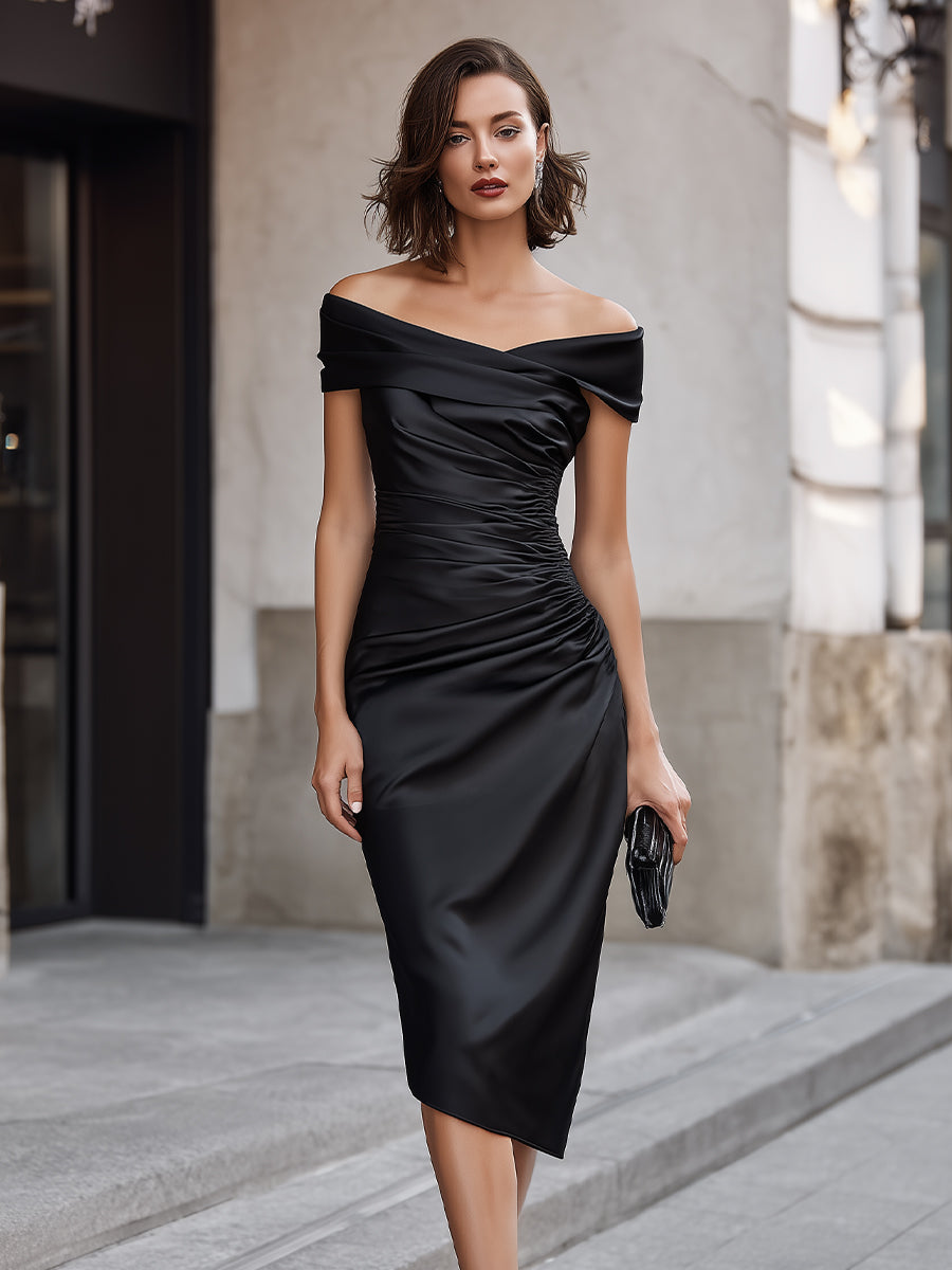 Off Shoulder Ruched Asymmetrical Midi Dress