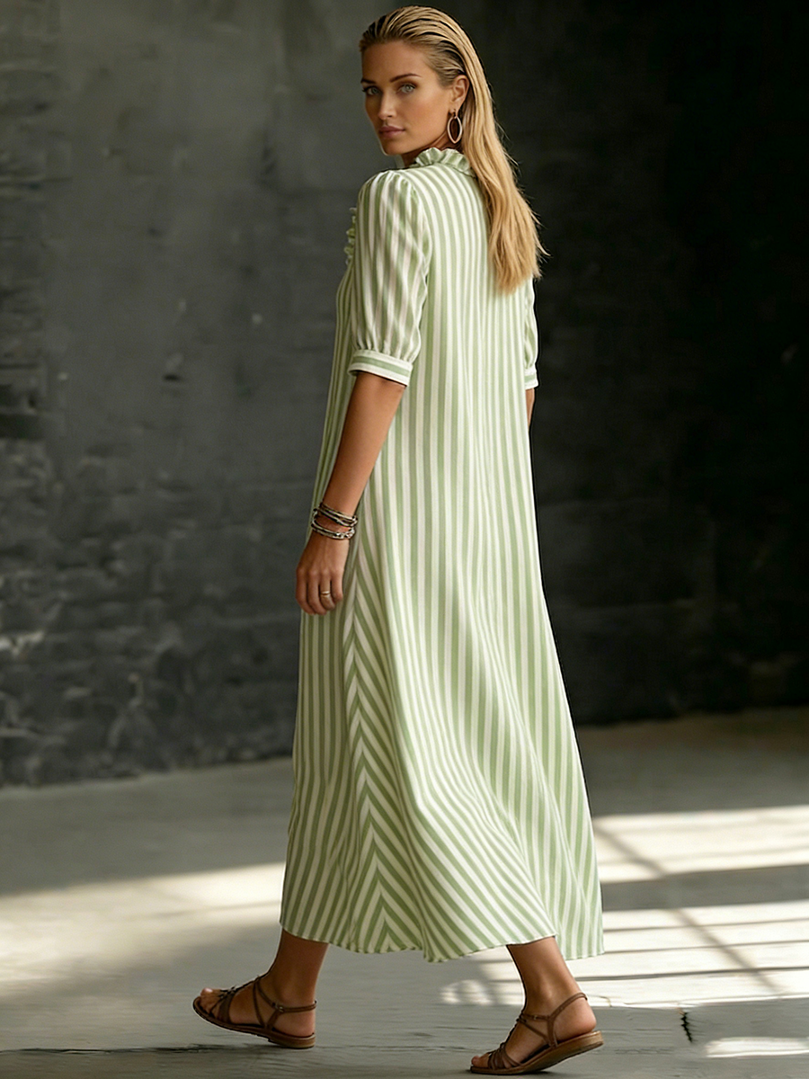 Elegant Ruffled-collar Striped Cotton-linen Dress