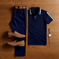 Men's Casual Navy Blue Color Matching Stiped Printed Short Sleeved Polo Shirt & Trousers Two-Piece Set