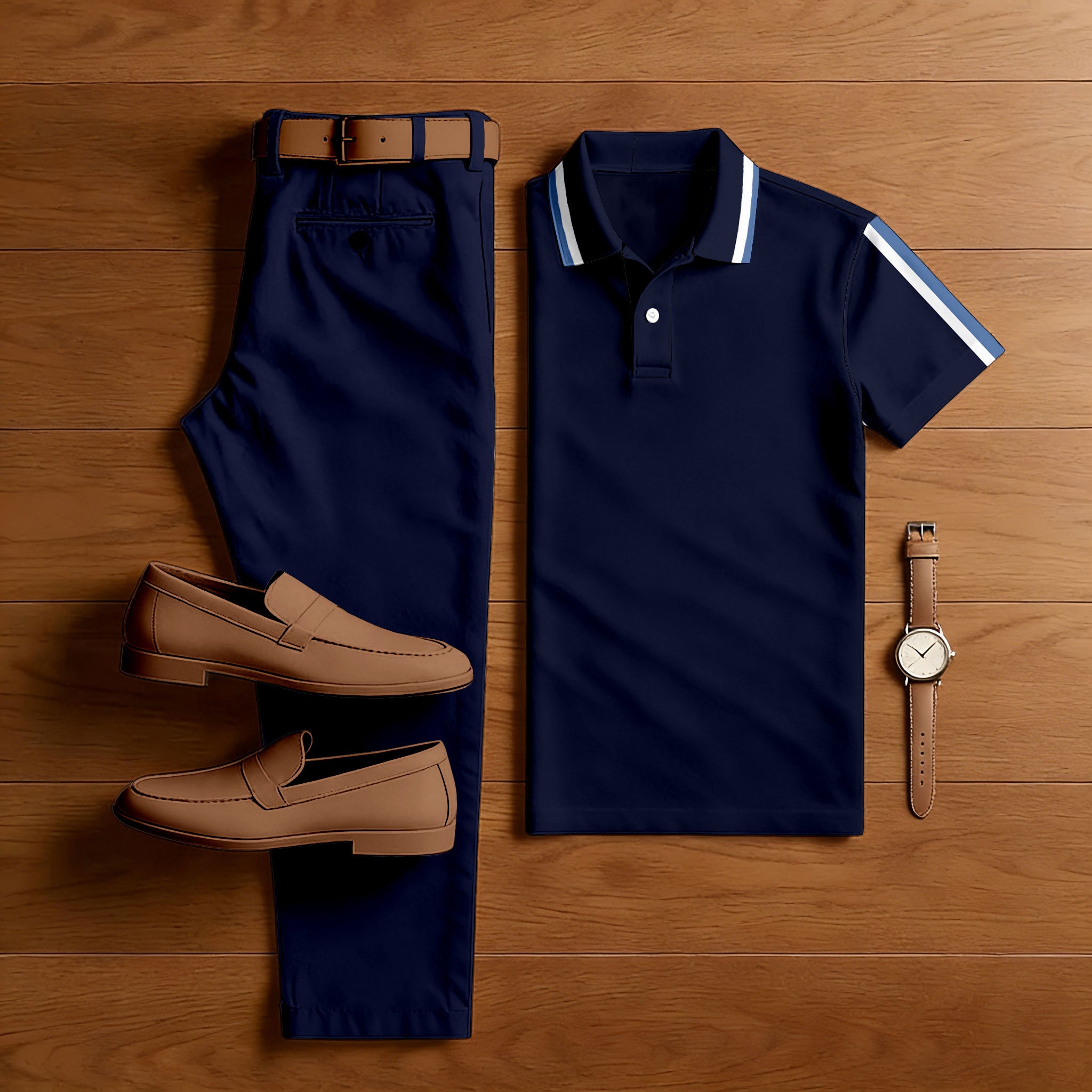 Men's Casual Navy Blue Color Matching Stiped Printed Short Sleeved Polo Shirt & Trousers Two-Piece Set