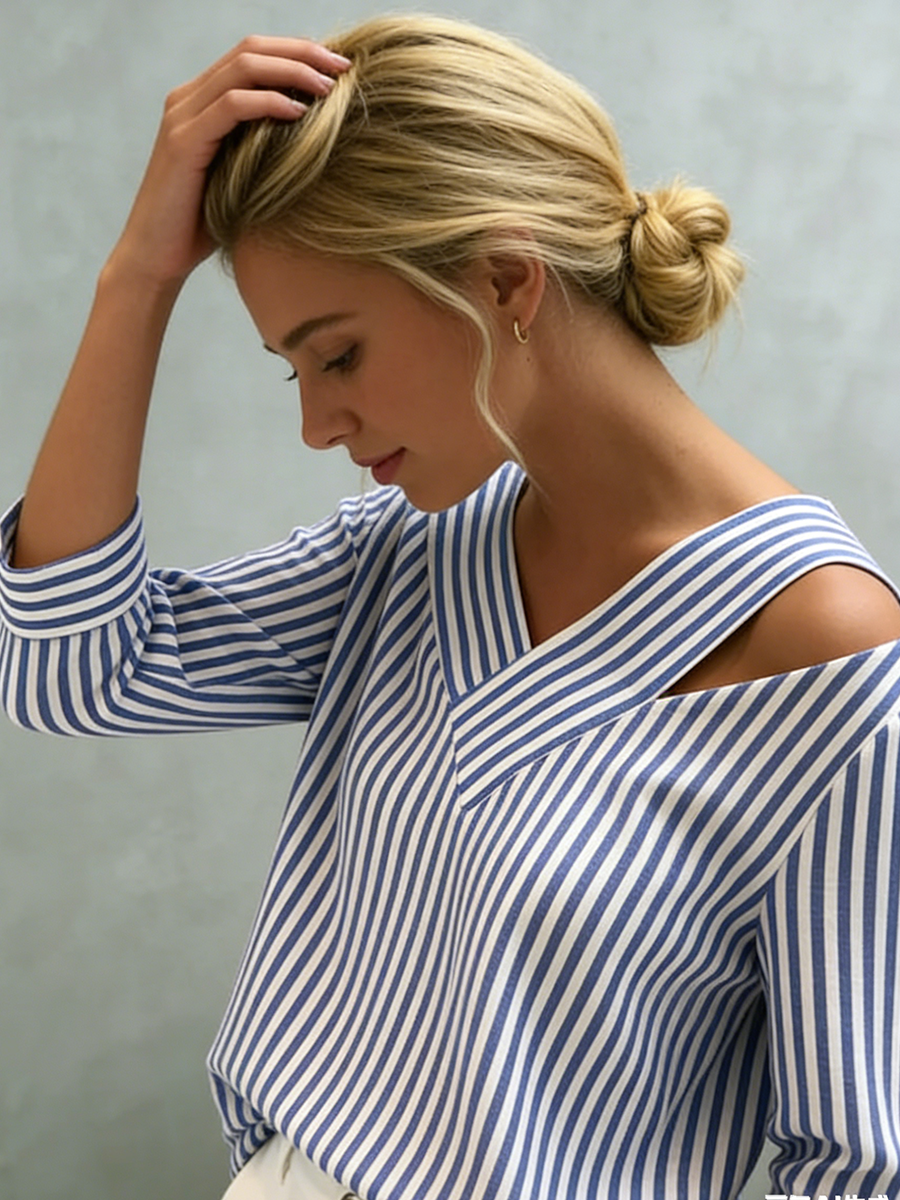 Stylish Off-shoulder Loose-fit Striped Cotton-linen Shirt