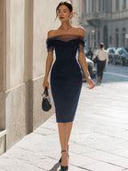 Off-Shoulder Sheer Mesh Sleeve Bodycon Midi Dress