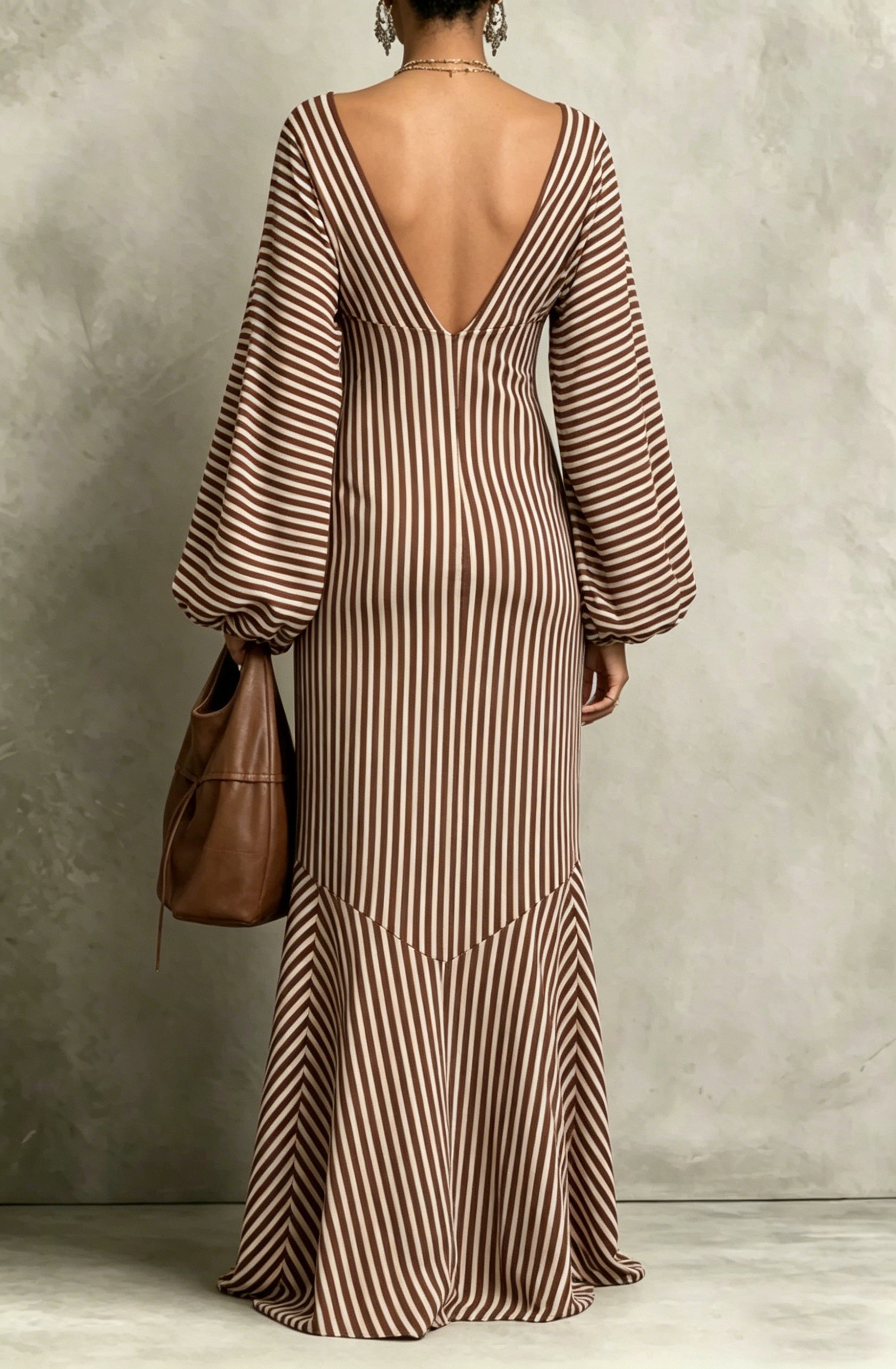Retro Striped Lantern-sleeve Dress
