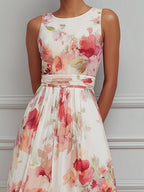 Soft Pleated Floral A-Line Midi Dress
