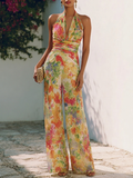 Women Yellow Floral V Neck Sleeveless Romantic Jumpsuit