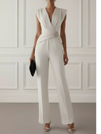 Women White Rhinestone V Neck Cap Sleeve Dressy Jumpsuit
