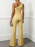 Women Yellow Buckle Ruched One Shoulder Sleeveless Dressy Top With Pants Two-Piece Set