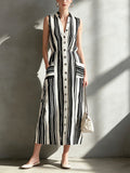 Women's Striped Print V-neck Sleeveless Casual Loose Cotton-linen Dress