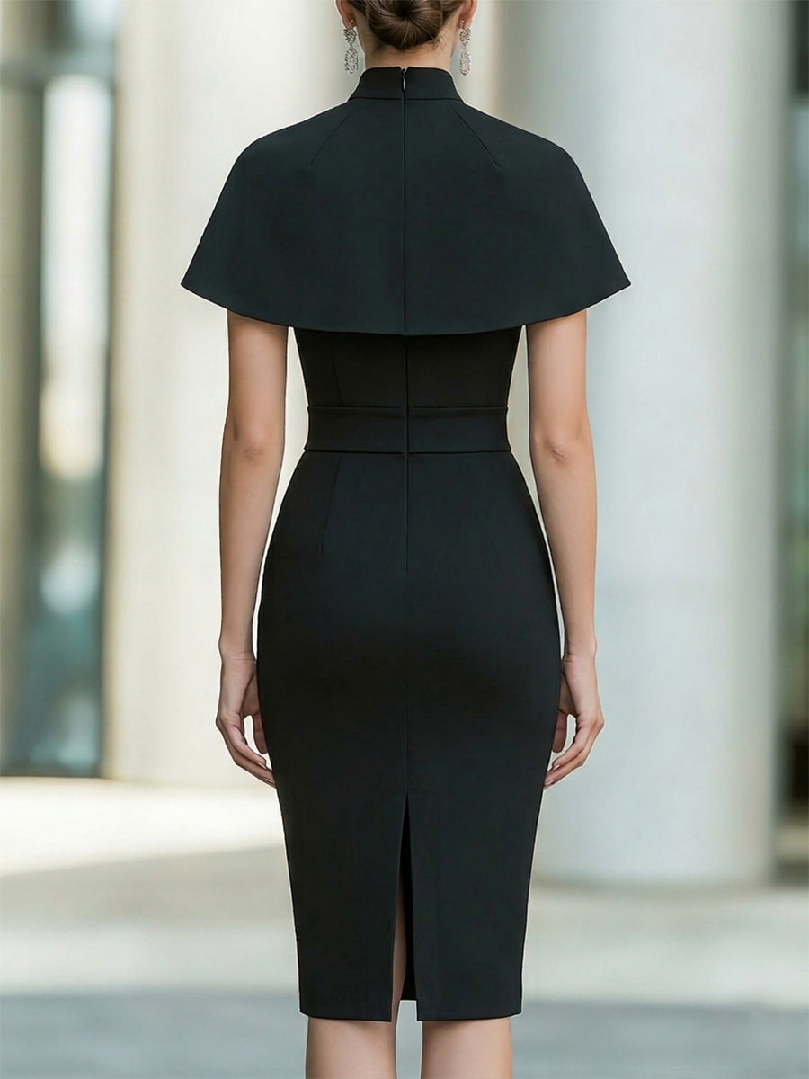 High-Neck Cape Sleeve Sculpted Midi Dress