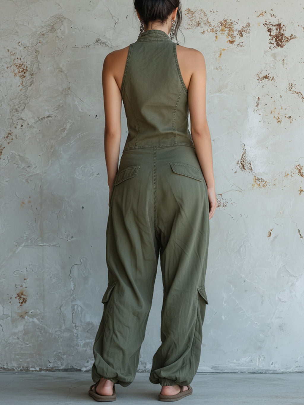 Olive Washed Denim Utility Halter Jumpsuit