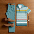 Men's Casual Green & Yellow Color Matching Striped Printed Short Sleeved Polo Shirt & Trousers Two-Piece Set