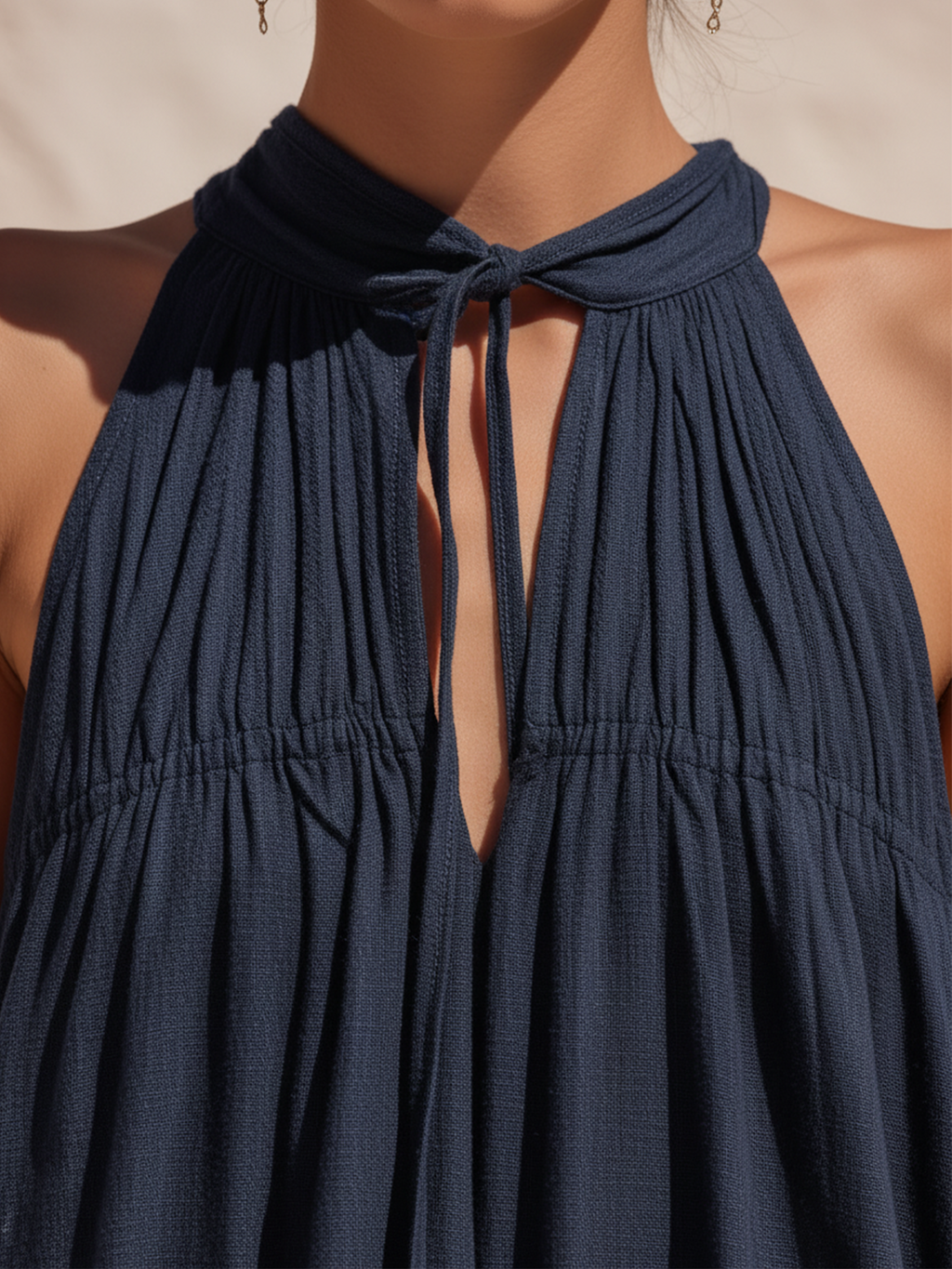 Navy Floral Border Tencel Denim Halter Neck Maxi Dress