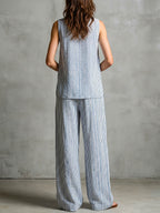 Women's Striped Print V-neck Sleeveless Casual Loose Cotton-linen Top & High-waisted Wide-leg Pants Set