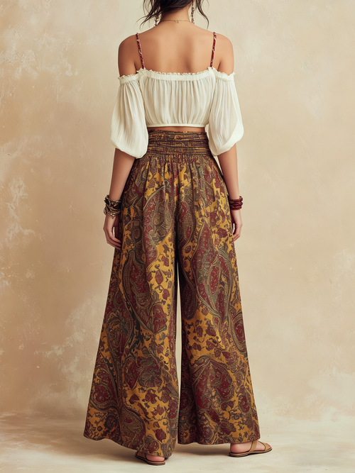 Bohemian Off-Shoulder Two-Piece Set - Flowy Printed Palazzo Pants & Crop Top