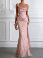 Pink Glitter Classic One Shoulder Sleeveless Mermaid Floor-length Gown Dress