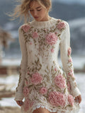 Pink Floral Beaded Embroidered Cozy Knit Sweater Dress