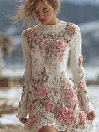 Pink Floral Beaded Embroidered Cozy Knit Sweater Dress