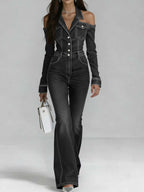 Women's Lapel Long-sleeved Casual Slim-fit Denim Jumpsuit