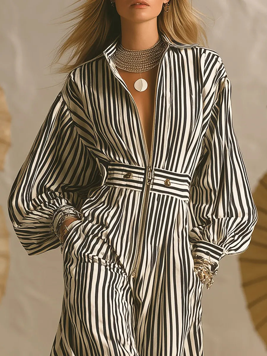 Women's Retro Striped Zip Art Casual Stylish Cotton Long Dress