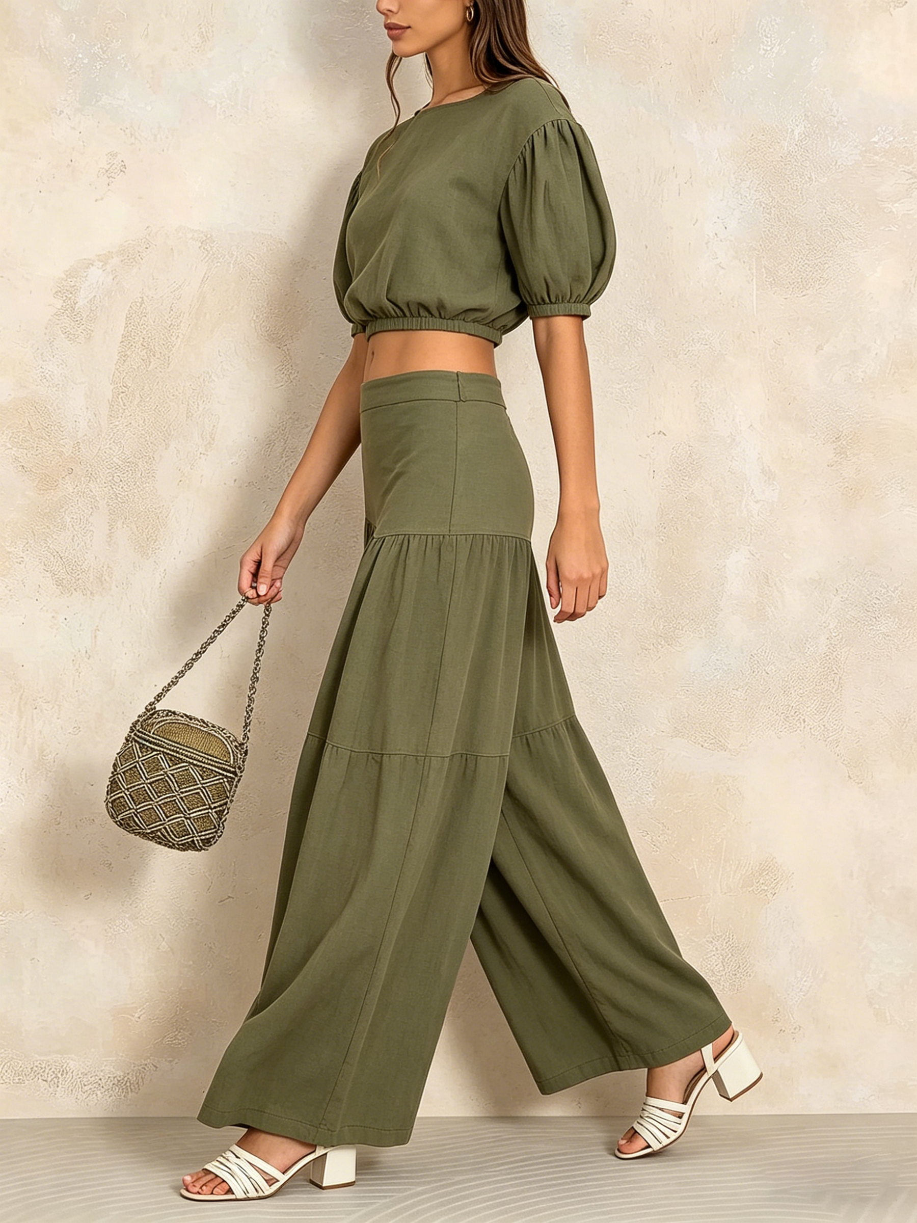 Olive Green Linen-Blend Two-Piece Set - Puff Sleeve Crop Top & Tiered Wide Leg Pants